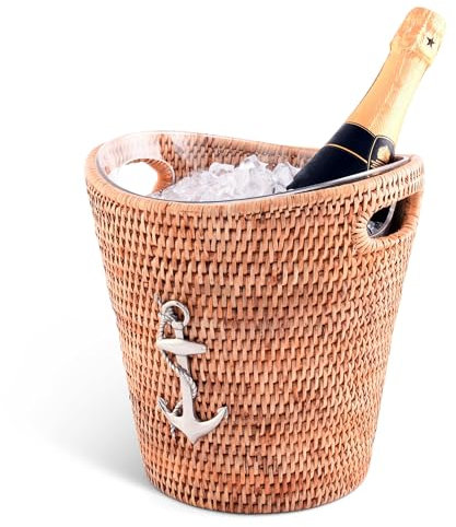 Vagabond House Beach Essentials - Wicker Rattan Champagne Bucket, 10 Inches Tall with Pewter Anchor, Ice Holder for Party, Coastal Bucket, Decorative Ice Chest for Kitchen, Beach House Coastal Decor