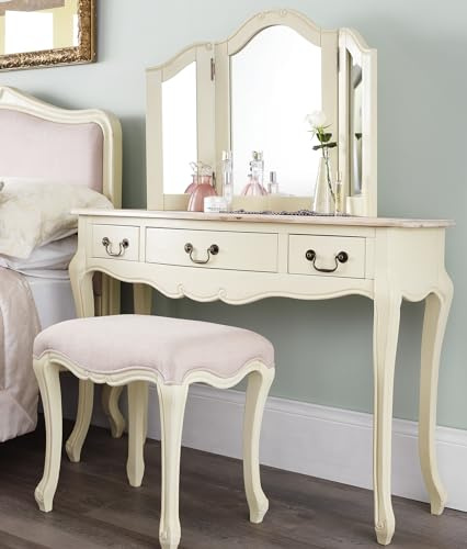 Statement Furniture Juliette Champagne Dressing Table Set with 3-Way Mirror and Stool| French Style Vanity Makeup Table with 3 Drawers (DT-SET-C)