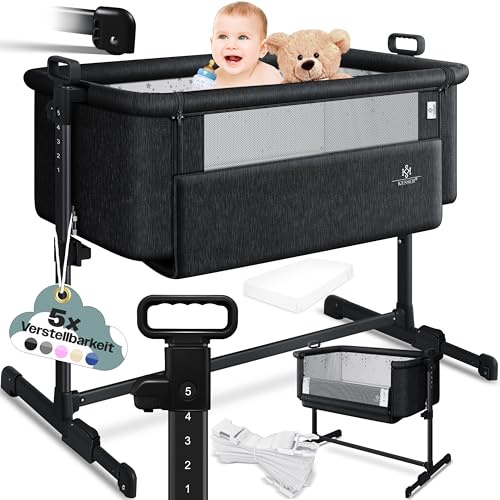 KESSER® extrasäng, Hubi, 3-i-1, bebis, sidosäng, resesäng, barnsäng med mjuk madrass, med hjul, barnsäng, 5-vägs höjdjustering, vikbar sidovägg för hem och på språng, svart