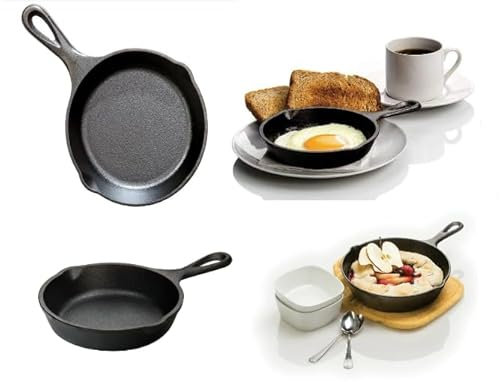 Vintage Gourmet The Mini Cast Iron Skillet, 5 Small Frying Pans with Double Drip-Spouts Pre-Seasoned Oven Safe Cookware, Camping Indoor Outdoor Cooking, Grill Safe, One Egg, Restaurant Chef Quality