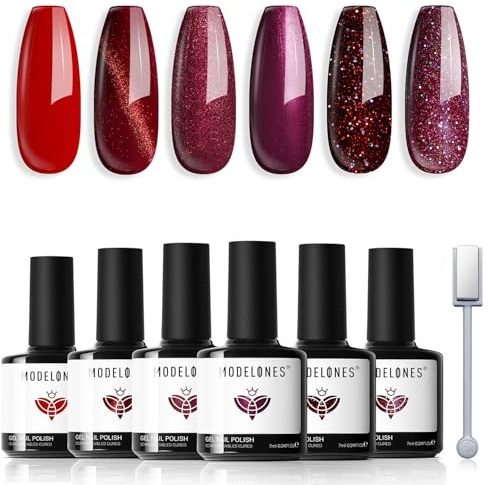 Modelones Gel Nail Polish Set, 6 Colors Red Glitter Burgundy 9D Cat Eye Gel Polish with Magnet Chameleon Shimmer Nail Art DIY Salon Home for Women