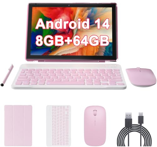 10 inch Android 14 Tablet with Keyboard, 2 in 1 Tablets Set Include Case Mouse Stylus, 8GB RAM+64GB ROM, Quad Core 10.1'' Tab, 6000mAh Battery, 8MP Dual Camera, Google GMS Certification Tableta