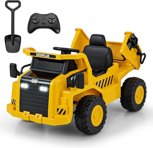 COSTWAY 12V Camion Électrique Caterpillar Enfant avec Pelle à Sable & Benne Basculante, Voiture Électrique avec Musique & Lumières, Télécommande & Pédale, 3-4KM/H, Charge 30kg pour 3-6 Ans