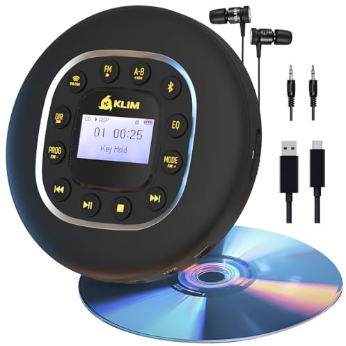 KLIM Journey + Tragbarer CD-Player Walkman mit langlebigem Akku + Mit Kopfhörern + Radio FM + Kompatibler MP3-CD-Player + SD-Karte, FM-Transmitter, Bluetooth + Ideal für Autos + Portable CD Player