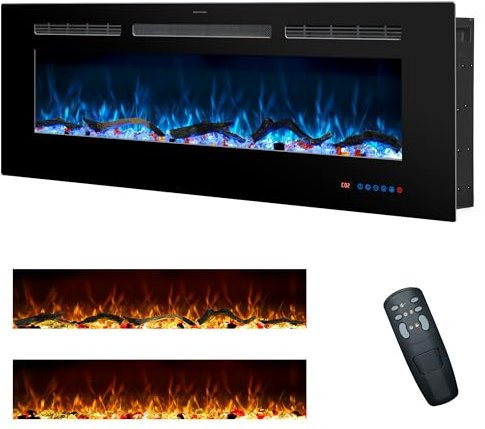 Rodalflame 50/127cm Electric Fireplace Inserts, Recessed & Wall Mounted Fireplace Heater with 13 Flame & Fuel Bed for Indoor Use, Remote Control, Log &Crystal, Timer