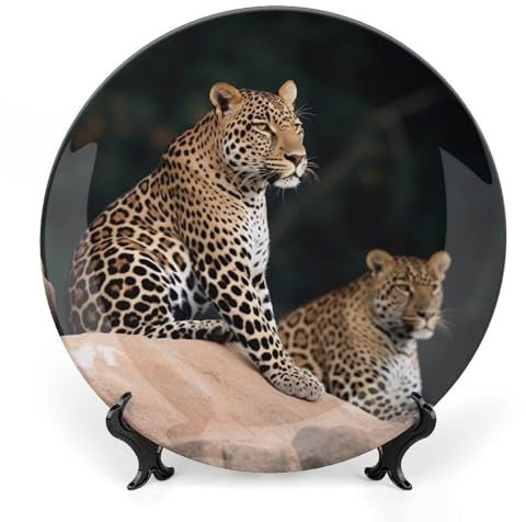 NWTRK Dekorativer Teller aus Porzellan, afrikanischer Leopard auf Felsen, dekorative Keramikteller mit Präsentationsständer, handgefertigte Keramik-Ornamente, Wandkunst, Dekoration für Zuhause, Küche,