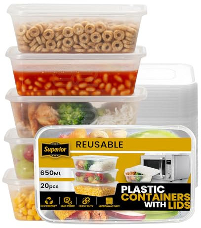 Superior Food Storage Containers with Lids – 20 Pack Durable 650ml Crack-Resistant Rectangular Food Containers with Lids -Microwave Safe Leak-Proof Takeaway Containers- Meal Prep & Food Storage