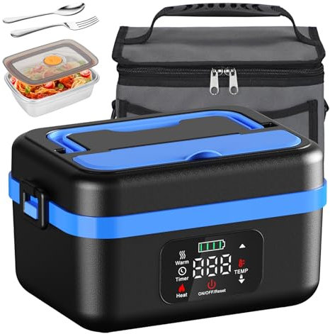 Lonchera eléctrica inalámbrica, lonchera térmica alimentada por pilas, 1 litro, lonchera aislada con tenedor y cuchara, bolsa de transporte aislada para conductores de camiones, cuello azul