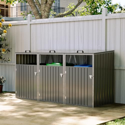 Warmiehomy Wheelie Bin Storage Bin Store for Triple Wheelie Bins Galvanized Steel Wheel Bins Hideaways with Locking Door Garden Trash Can Cover with Lifting Lids