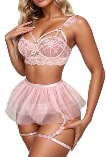 Damen Netz Dessous Sexy Fischnetz Bodys Spitzen Mesh Top und Tutu Rock mit Strümpfen Transparentes Babydoll Mini Ballettkleid Nachtwäsche Rüschenkleid für Club Party Date