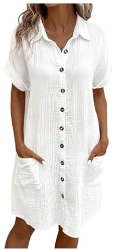 Generisch Musselin Kleid Damen Sommerkleid Damen Button Down Leinenkleid Strandkleid Casual V-Ausschnitt Minikleid Kurzarm Freizeitkleid Boho Kleid Knielang Leinenkleider Weiss M