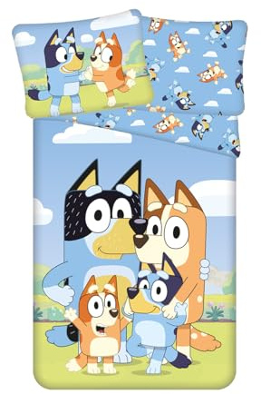 Bluey Single Size Bedding Set | Reversible Duvet Cover 140x200 cm + Large Pillowcase 70x90 cm, 100% Cotton | Soft & Breathable Bed Linen for Kids | Cartoon-Themed Duvet Cover with Zipper Closure