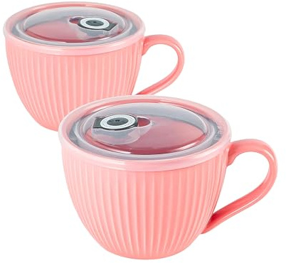 Hoilse Ceramic Soup Bowl with Handle – Large 680ml Microwave Soup Mug with Lid, Soup Container & Cup for Ramen, Porridge,Meal Prep, Breakfast,Ideal Housewarming Gifts - Set of 2 (Pink) | Microwave Safe Bowl for Soup, Oatmeal, Cereal, Dessert, Ice Cream and Leftovers, Dishwasher Safe for Home or Office
