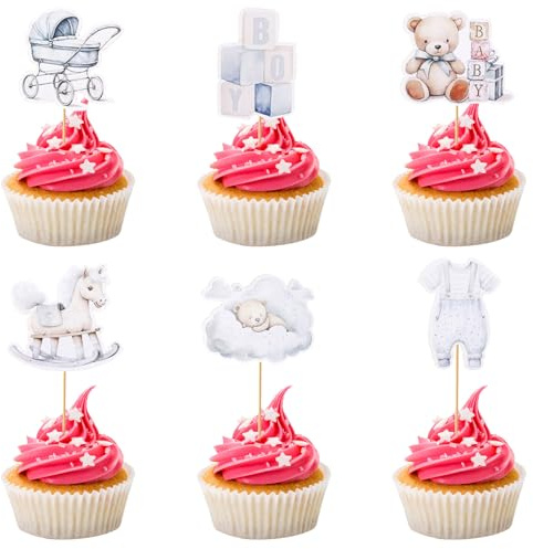 36pcs Bear Cupcake Toppers, Baby Cupcake Decorations Little Bear Theme Cake Decorations Cute Cake Topper for Baby Shower Boy Birthday Supplies (Blue)