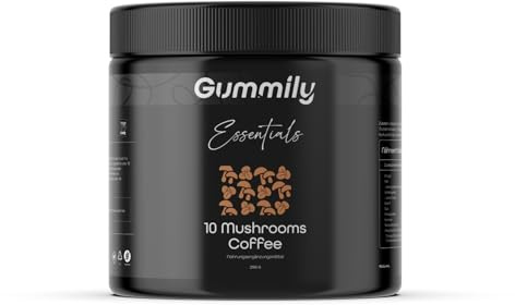 Mélange de Café aux Champignons – 10 Champignons Fonctionnels avec Ashwagandha, Curcuma & Schisandra – Sans Sucre – 250 g (≈38 portions) – Café Végan aux Champignons – Gummily