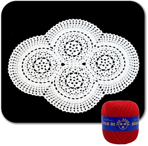 Centrino Rosso ovale con piastrelle ad uncinetto in cotone 46x36 cm (23-2CN) - Made in Italy