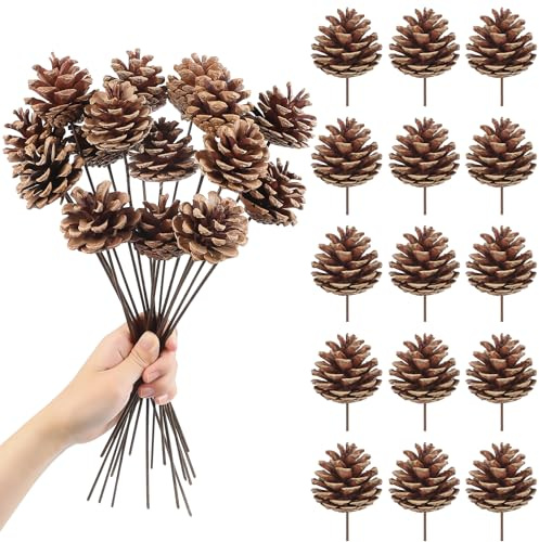 Larber 15pcs Natural Pine Cones Decoration 30CM Pine Cones Ornaments with Stem Pine Cone Picks for Christmas Tree Ornament Vase Party Holiday DIY Craft Home Decoration