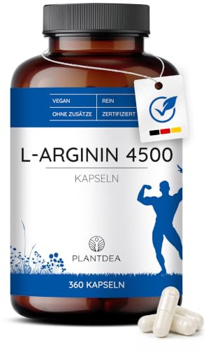 L-Arginin I 4500mg Tagesdosis I 360 L-Arginin-Kapseln hochdosiert I laborgeprüft I L-Ariginin Pulver I veganes L-Ariginin-Präparat I Ohne Zusätze I PlantDEA