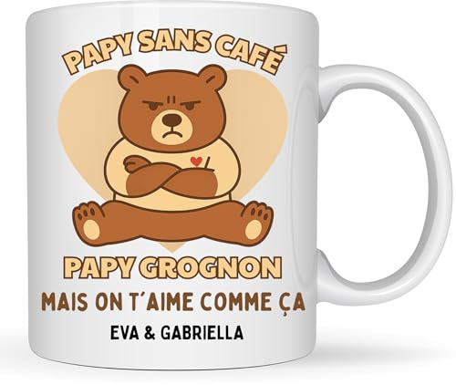 henrietteandco - Mug Papy Grognon Sans Café Personnalisé | Cadeau Humour Fête des Grands-Pères | Tasse Ours 330ml Céramique | Prénoms des Petits-Enfants au Dos dans un Cœur