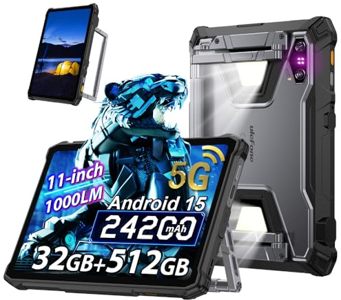 Ulefone Armor Pad 5 Pro 5G Rugged Tablet 11 pollici,24200mAh 120W, 2.4K FHD+ 32GB+512GB/2TB Robusto Tablet Android 15, 1000lm Luce da campeggio, 64MP+64MP, 3W* 2 Altoparlanti, IP68/IP69K,OTG,GPS,NFC