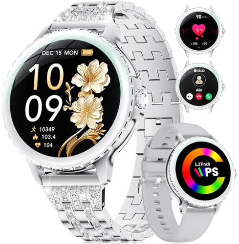 Montre connectée Femme avec Appel Bluetooth, 1,27 HD Ronde Smart watch Femme pour Android iOS,100+ Modes Sport, Fréquence Cardiaque/Moniteur de Sommeil,IP68 Fitness Podomètre,160+ Cadrans,2 Bracelets