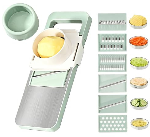 6 in 1 Gemüseschneider mit Handschutz, Multifunktional Gemüsehobel, Reibe für Gemüse, Julienneschneider, Vegetable Chopper, Hobel Gemüse für Stifte, Scheiben (Grün)