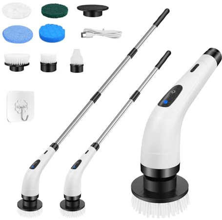 Electric Spin Scrubber Cordless, 2 Speed 300/400RPM, 7 Replaceable Brush Heads, Extendable Handle, IPX7 Waterproof, Type-C Charging for Bathroom Kitchen Car Tile Floor, Black White