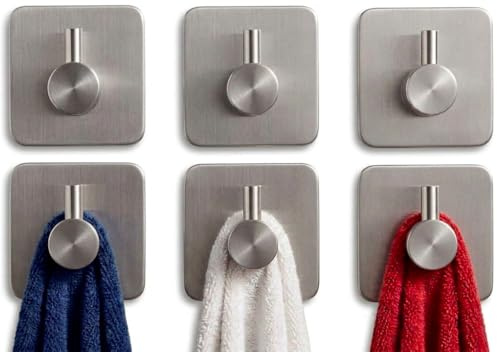 edihome, Crochet Adhésif Mural en Acier Inoxydable, Crochets Adhésifs Muraux Résistants sans Perçage, Design Carré Moderne pour Salle de Bain Cuisine, Noir Blanc Gris, Lot de 4 ou 6 (6un., Argentée)