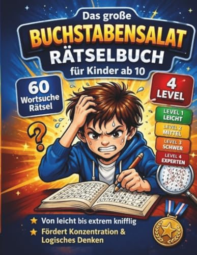 Das große Buchstabensalat Rätselbuch für Kinder ab 10 Jahren: 60 spannende Wortsuche Rätsel in 4 Leveln – Von leicht bis extrem knifflig | Fördert ... Denken (Rätselspaß für clevere Kinder)