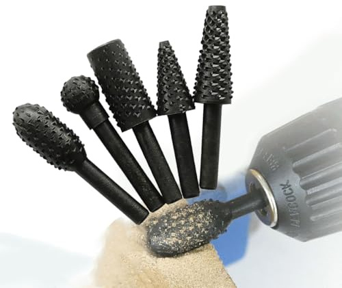 5 Piece Rotary Rasp File Set Wood Carving Burr Kit for Hardwood – 6.25mm Shank 12mm Head Diameter
