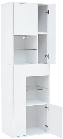 Gecheer Verkaufsvitrine, 55x38x170 cm, Hochschrank mit 1 Schublade, 4 Schränken, LED, Hochglanz, weiß, für Wohnzimmer