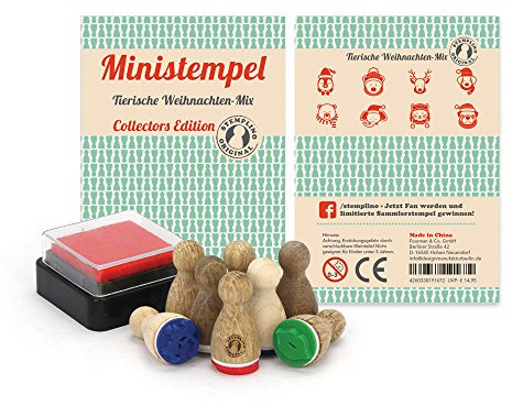 Stemplino Stempelset Weihnachtstiere, 8 Ministempel aus Holz mit Stempelkissen für Karten, Scrapbooking und Bullet Journal