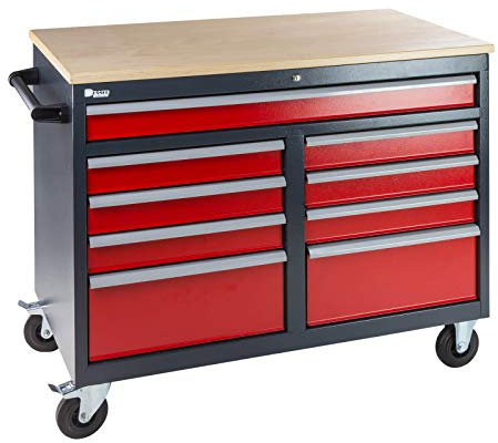 DEMA Mobile Werkbank Daniel, 9 Schubladen, 112x61x93cm – Robuste Werkbank mit 3 Großschubladen, Vollauszug, stabile Buchen-Sperrholzplatte und 4 Rädern, ideal für Werkstätten