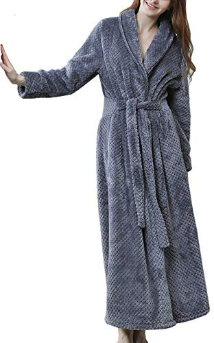 Peignoir Femme Velours Robe de Chambre Polaire Femme Chaud Long Flanelle Peignoir de Bain Eponge Hiver Longue pour Le Cadeau de Noël Gris XL