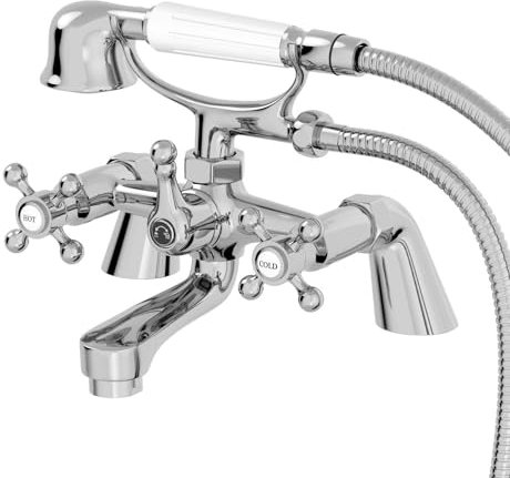 Park Lane® Oxford Bathroom Bath Shower Mixer Tap Handset Hose Attachment Twin Crosshead Handle for Bathtub Traditional, Chrome