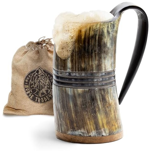 Norse Tradesman Tazza con corno vichingo autentico - Boccale da birra vichingo premium da 500 ml con fondo in legno duro super rinforzato e incisioni ad anello | L'eterno, grezzo, grande
