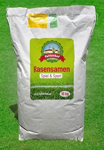 FUTTERHOF Rasensamen Spiel & Sport | 10 kg für 300m² Fläche | Strapazierfähig | Schnelle Keimung | Sattgrün