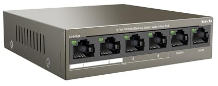 Tenda PoE Switch 6-Port 10/100Mbps (4 PoE+ & 2 Uplink Ports, 58 W for all PoE Ports, QoS, 250m Transmission Distance, 802.3at/af, Desktop/Wall Mounting, Metal Case, Plug and Play) (TEF1106P-4-63W)