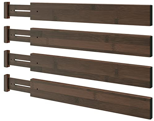 BAMEOS Drawer Divider,Expandable Bamboo Separators Adjustable Utensil Knife Fork Tool Kitchen Organizer, Clothes Fabric Drawer Organizer In Bathroom Bedroom Office, Cabinet Dresser Organizer 4-pack