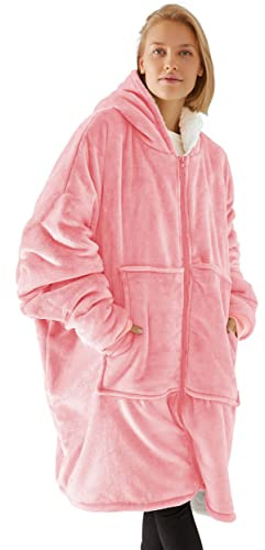 Vancavoo Manta con Capucha Sudadera Calentita Grande Pullover Mullido de Doble Capa Manta de TV Súper Suave y Cálida para Mujere Hombres Talla Unica Chaqueta con Bolsillos Oversize(Rosa)