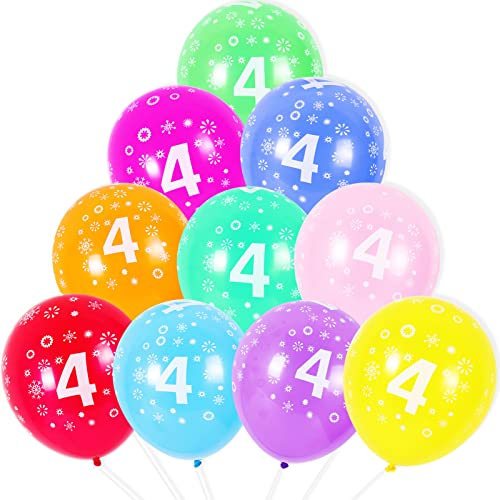 4th Birthday 10PCS 12 Latex Assorted Multicolour Numbers Balloons, Digit 4 Age for 4 Year Old Celebration, Anniversaries Party Decorations Supplies