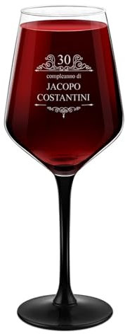 Maverton Calice vino Rubino 300 ml - Incisione personalizzata - Con gambo nero - Perfetto per vino bianco e rosso - Regalo uomo compleanno - Regali uomo - Compleanno