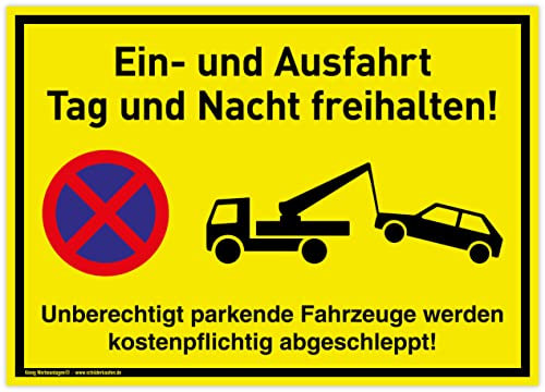 Großes Schild Ein- und Ausfahrt | 42x30cm | wetterfestes PVC-Schild mit UV-Schutz | signalgelb | Tag und Nacht freihalten Unberechtigt parkende Fahrzeuge werden kostenpflichtig abgeschleppt