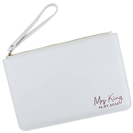 eBuyGB Personalised Mrs Clutch Bag for Bride to Be, New Married Name & Date, Bridal Clutch Bag, Bride Handbag, Wedding Day Bag, Honeymoon, Hen Party Gift