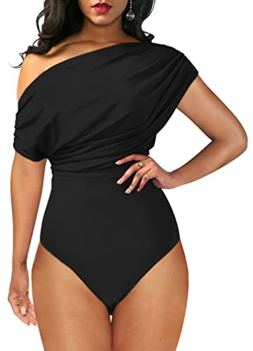 YMDUCH Women's Sexy Off Shoulder Sleeveless Bodycon One Piece Bodysuit Top Black