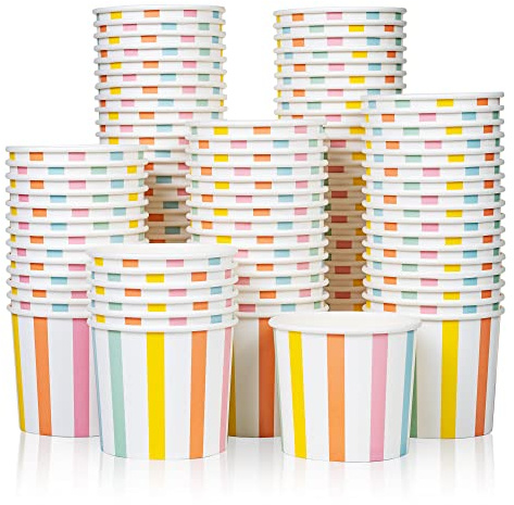 MATICAN Paper Ice Cream Cups, 100-Count 11-Oz Disposable Dessert, Snack Bowls for Hot or Cold Food, 11-Ounce Party Supplies Treat Cups for Sundae, Frozen Yogurt, Soup, Pastel Stripes