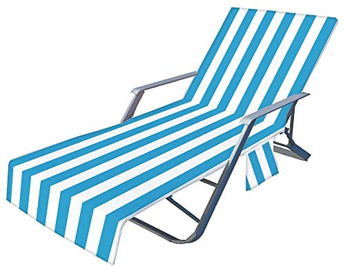 Morbuy Beach Chair Cover Towel, Stripes Beach Towel Lounger Bags with Pockets, Sunbed Towels Fitted Microfiber Sun Lounger Towels for Summer Outdoor Garden Pool Travel (73x210cm,Light Blue)
