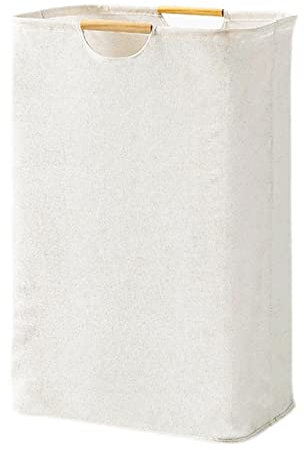 Fousenuk Wäschekorb Faltbarer Geflochten Oxford-Gewebe Weiß 39×53×27 cm, Wäschesammler Faltbar Waschkorb mit Henkel Holzgriff Groß, Laundry Basket für Schlafzimmer, Badezimmer, Schlafsaal