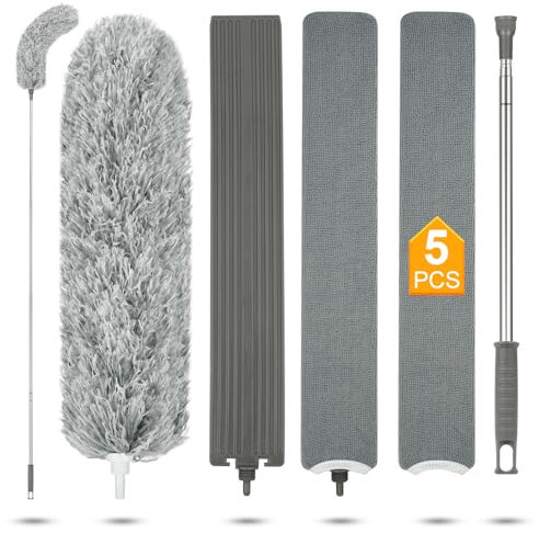 Vicloon Spolverino per Polvere, 5 Pezzi Spolverino Allungabile Ragnatele Pulizia Asta Telescopica, Spolverini per Pulizia di Ragnatele/Ventilatore a Soffitto Alto/Luci/Tapparelle, Grigio