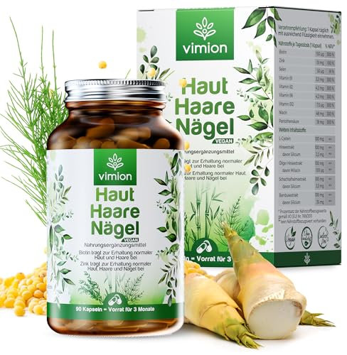 VIMION Haut-Haare-Nägel - 90 Kapseln - 100% vegan - mit Biotin, Zink, Selen, B-Vitamin-Komplex, L-Cystein sowie Silizium aus Bambus, Ackerschachtelhalm & Hirse – Vorrat für 90 Tage
